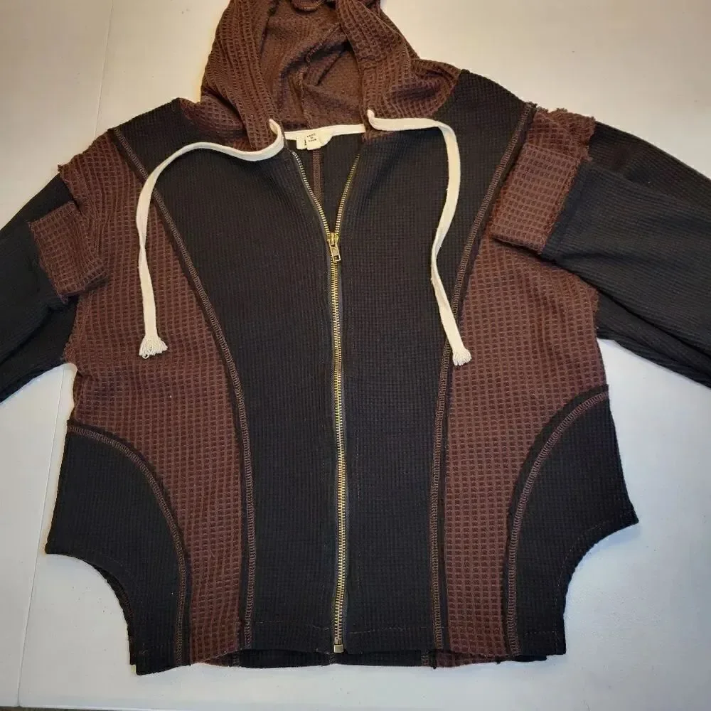 POL Brown and Black Waffle Knit Full Zip Hooded Jacket Sweatshirt Women's Small